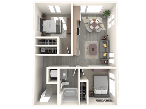 Floor plan for 2 beds, 1 bath, 717 sqft